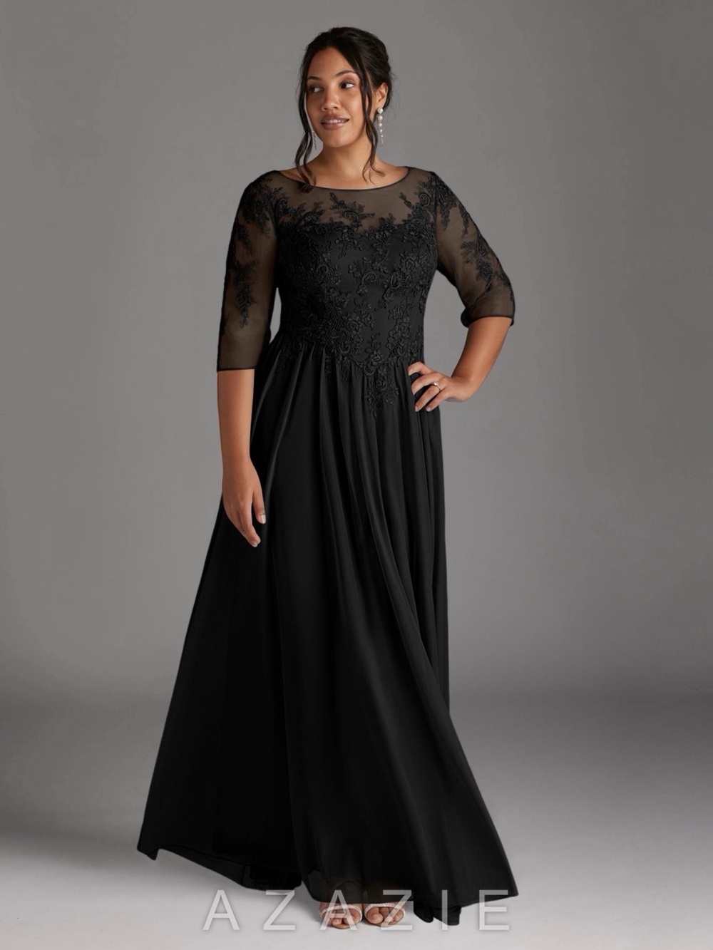 Azazie Black Lace Illusion Neckline Chiffon Evening Gown